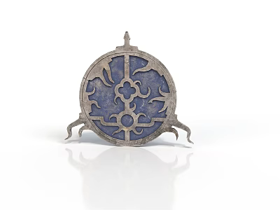 Ancient Decorative Circular Blue Silver Metal Shield With Intricate Patterns And Stand 3d model