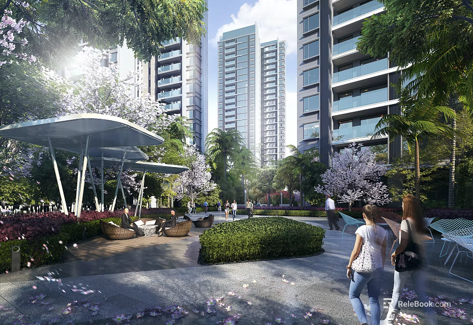 Modern High-Rise Residential Building with Balconies Lush Greenery Landscaped Area and People Walking in Sunlight 3d model 