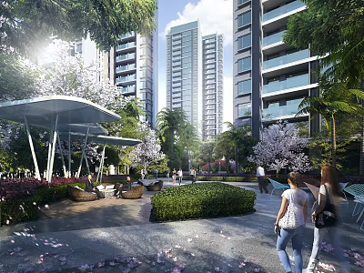 Modern High-Rise Residential Building with Balconies Lush Greenery Landscaped Area and People Walking in Sunlight 3d model