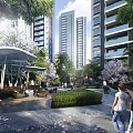 Modern High-Rise Residential Building with Balconies Lush Greenery Landscaped Area and People Walking in Sunlight
