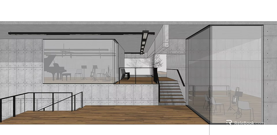 Modern Clubhouse Interior With Piano Tables Chairs Glass Walls And Wooden Flooring 3d model 