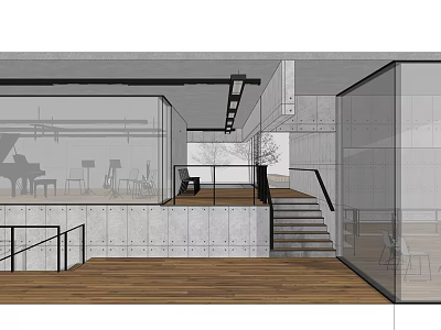 Modern Clubhouse Interior With Piano Tables Chairs Glass Walls And Wooden Flooring 3d model
