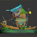 Small Boat Model With Blue Roof Green Decorations Lanterns And Lotus Leaves