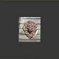 Rustic Lion Head Sculpture Mounted On Textured Gray Brick Wall 3d model