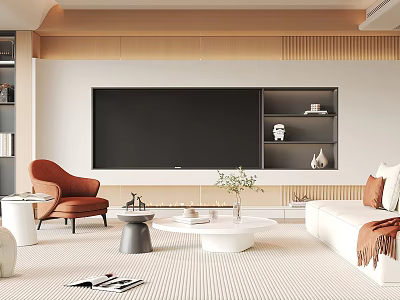 Modern Living Room Interior With Orange Armchair White Sofa And TV 3d model