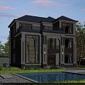 Two Story Detached Villa Exterior With Large Windows Swimming Pool Lawn And Greenery