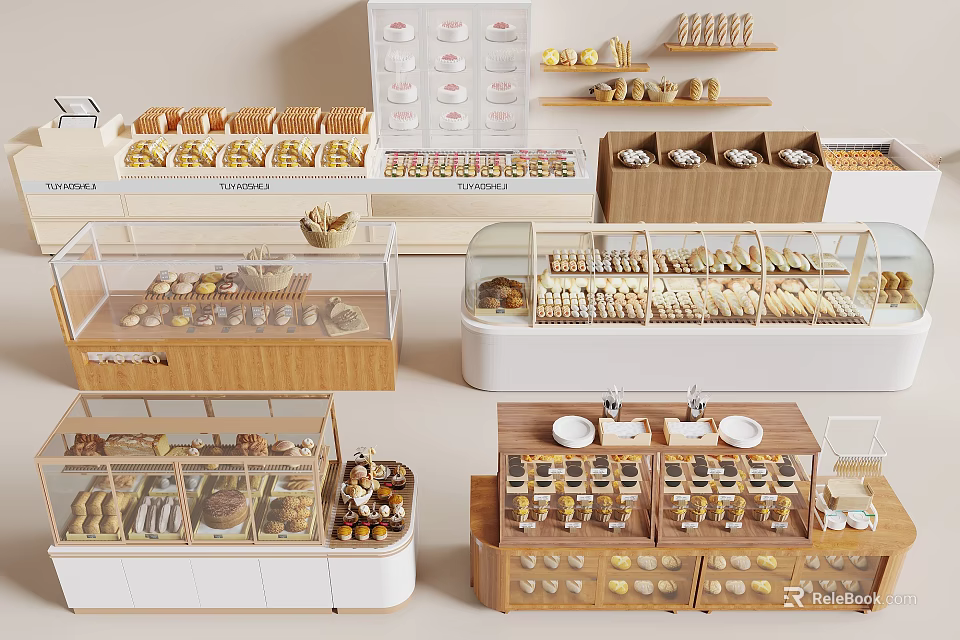 Retail Bakery Display Shelves With Glass Fronts For Fresh Bread And Pastries 3d model 