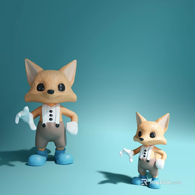Big And Small Fox Dolls Wearing White Suspenders And White Gloves On Light Blue Background 3d model 