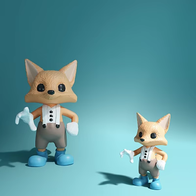 Big And Small Fox Dolls Wearing White Suspenders And White Gloves On Light Blue Background 3d model