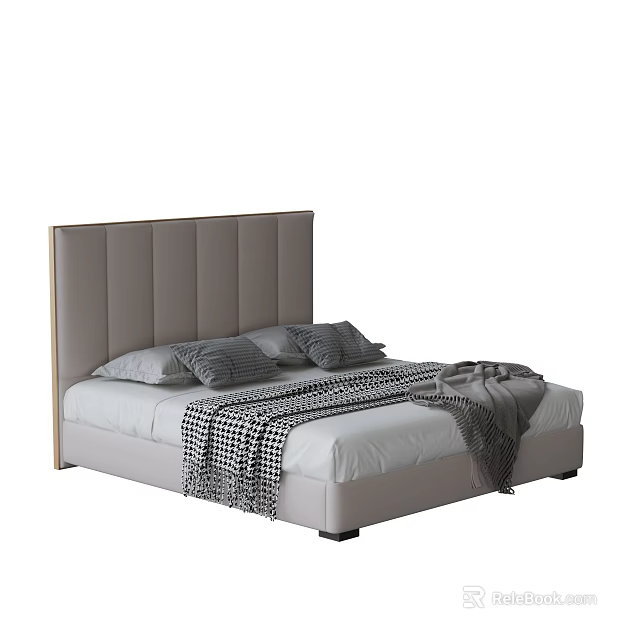 Light Gray Double Bed With Upholstered Headboard Gray Pillows And Plaid Blanket 3d model