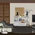 Modern Living Room With White Sofa Black Armchair Round Rug Wooden Bookshelf And Decorative Painting