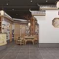 Traditional Chinese Restaurant Interior With Wooden Tables Lamps And Decorative Panels