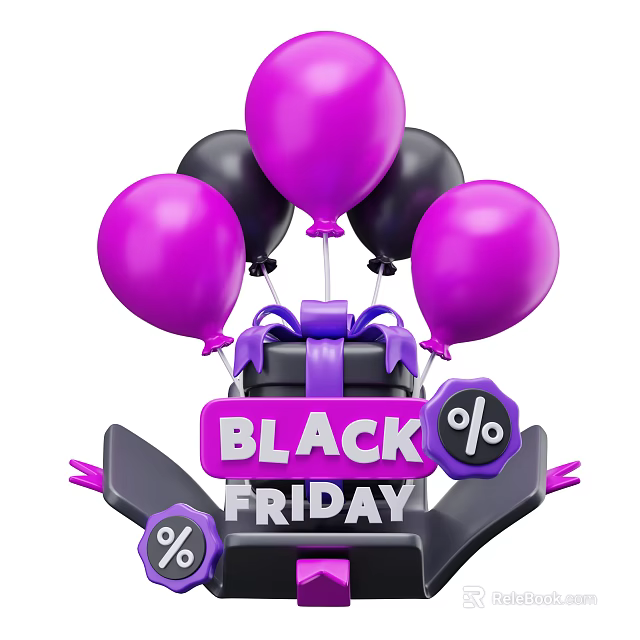 Black Friday Themed Decorative Ornament Set With Purple Black Balloons Gift Box And Percentage Signs 3d model 
