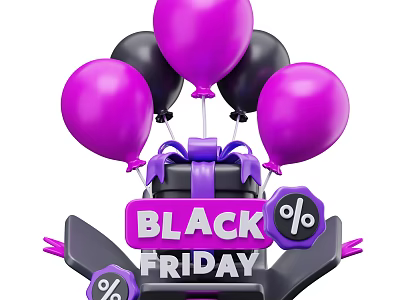 Black Friday Themed Decorative Ornament Set With Purple Black Balloons Gift Box And Percentage Signs 3d model