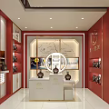 Elegant Traditional Chinese Liquor Store Interior With Red Gold Decor Circular Display Central Counter And Wooden Shelves