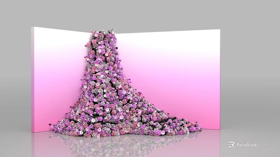 Pink And Purple Flower Sculpture With White Accents On Gradient Background And Reflective Floor 3d model 