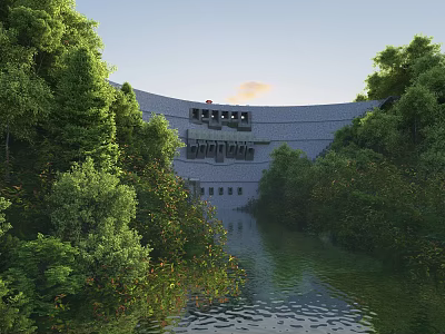 Scenic River Landscape With Lush Green Trees Curved Building And Calm Water 3d model