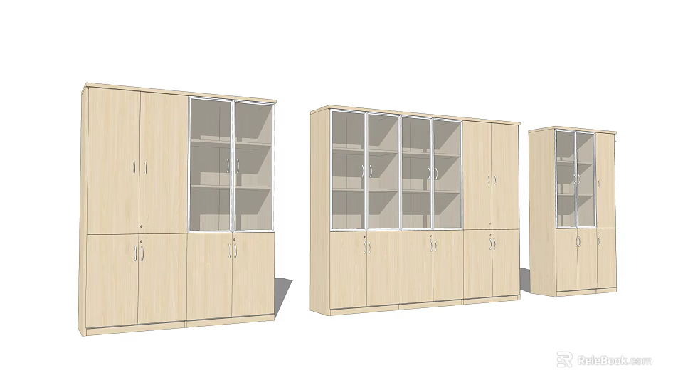 Light Wood Modern Bookcase With Glass And Wooden Doors Multiple Shelves For Storage 3d model 