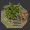 Cartoon Scene Featuring Small Cabin Red Tile Roof Stone Tower Bench String Lights Green Tree