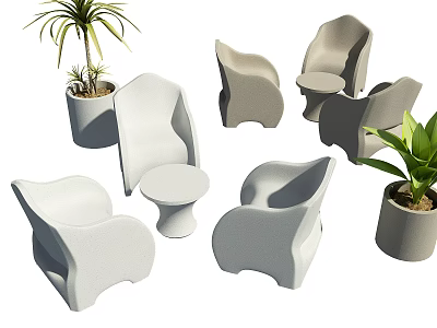 Modern Curved Leisure Chairs Featuring Simple Design Round Side Tables And Green Plants 3d model