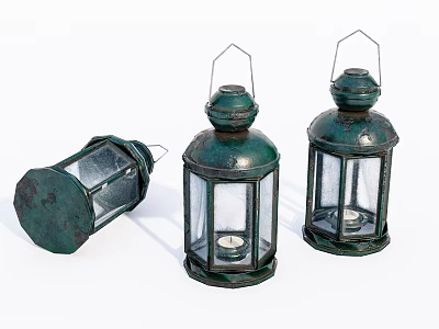 Vintage Green Lanterns With Glass Panels And Metal Frames On White Background 3d model