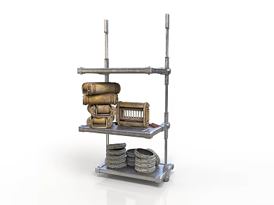 Multi Tiered Metal Storage Rack With Wooden Boxes And Stacked Plates 3d model