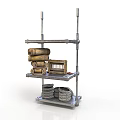 Multi Tiered Metal Storage Rack With Wooden Boxes And Stacked Plates