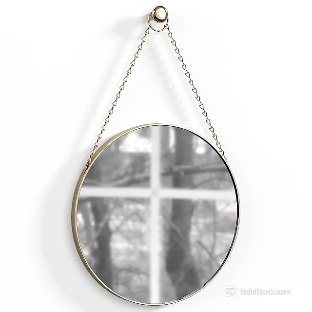 Round Gold Framed Mirror Hanging with Chain Reflecting Trees on White Wall 3d model 