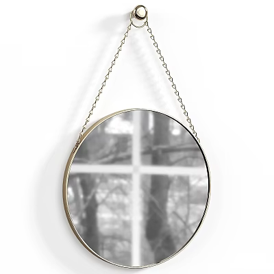 Round Gold Framed Mirror Hanging with Chain Reflecting Trees on White Wall 3d model