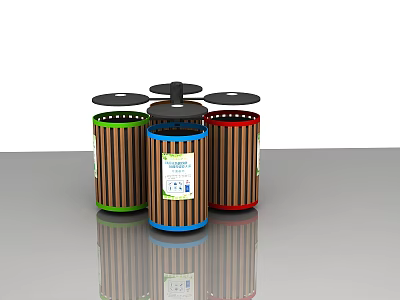 Public Trash Bins With Colored Lids And Wooden Strip Design For Waste Sorting 3d model