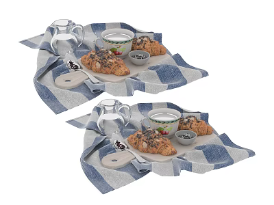 Breakfast Setting On Blue White Checkered Cloth With Croissants Teacups And Milk Jugs 3d model