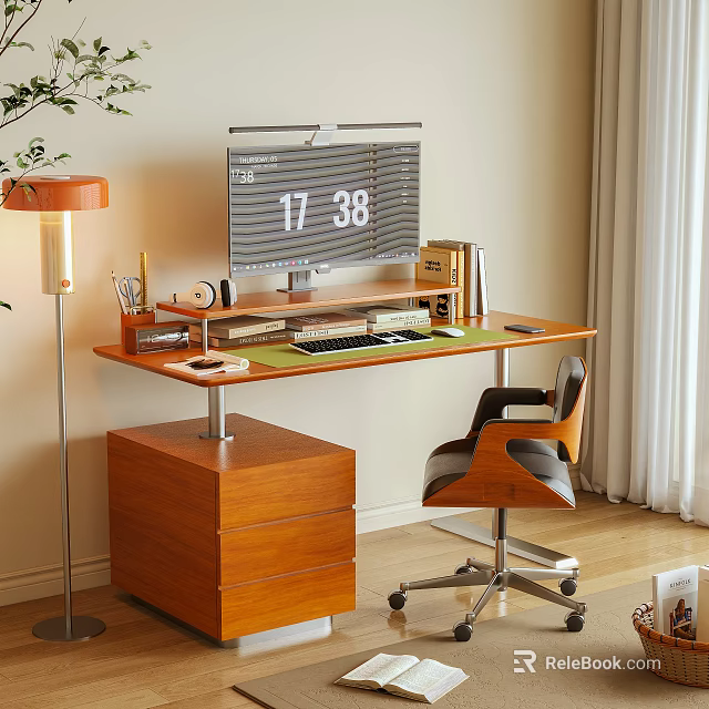 Modern Home Office Desk With Monitor Keyboard Table Lamp Drawer Cabinet And Office Chair 3d model 