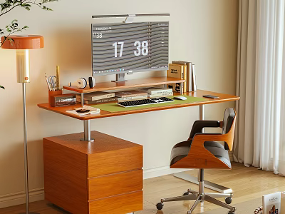Modern Home Office Desk With Monitor Keyboard Table Lamp Drawer Cabinet And Office Chair 3d model