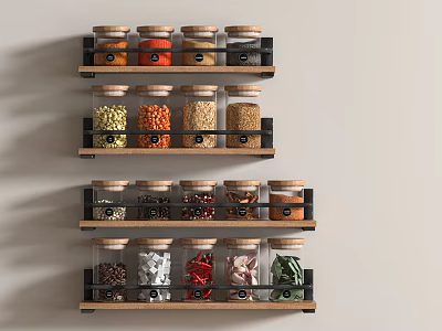 Multi Tiered Wooden Shelving Unit With Glass Jars Holding Spices And Grains On Neutral Wall 3d model