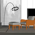 Stylish Brown Lounge Chair With Matching Ottoman Arched Floor Lamp White Blinds And Minimalist TV Wall In Modern Living Room