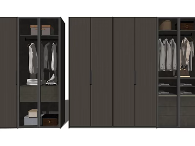 Modern Wardrobe Design With Dark Finish Open Shelves And Clothing Storage 3d model