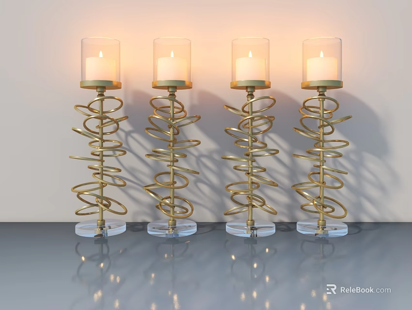 Shiny Golden Spiral Candle Holders With Transparent Bases And Lit Candles On Smooth Tabletop 3d model 