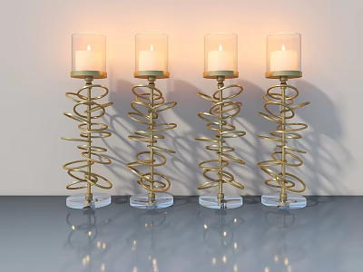 Shiny Golden Spiral Candle Holders With Transparent Bases And Lit Candles On Smooth Tabletop 3d model