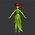 Green Plant Based Mythical Creature With Red Flower Headdress And Leafy Flowing Costume