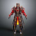 Game Movie Character in Red and Gold Intricate Armor with Flame Effect Standing Pose