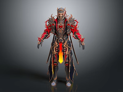 Game Movie Character in Red and Gold Intricate Armor with Flame Effect Standing Pose 3d model