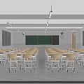 School Classroom Interior With Rows of Desks Chairs Blackboard Windows and Lighting