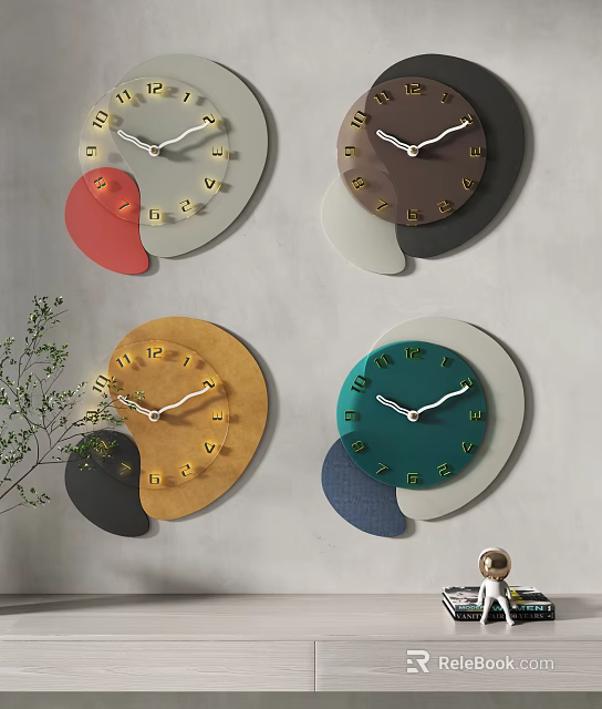 Multiple Colorful Modern Wall Clocks With Various Colors Metal Hands And Circular Design 3d model 