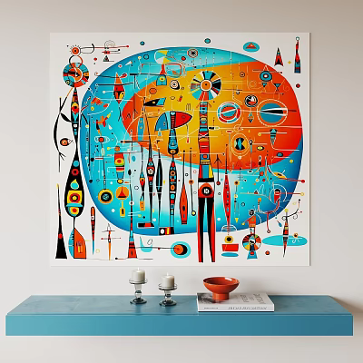 Abstract Painting With Vibrant Colors As Wall Decor Above Blue Console Table 3d model