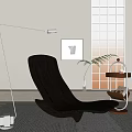 Modern Black Wooden Lounge Chair With Floor Lamp Decorative Painting Grid Wall And Potted Plant
