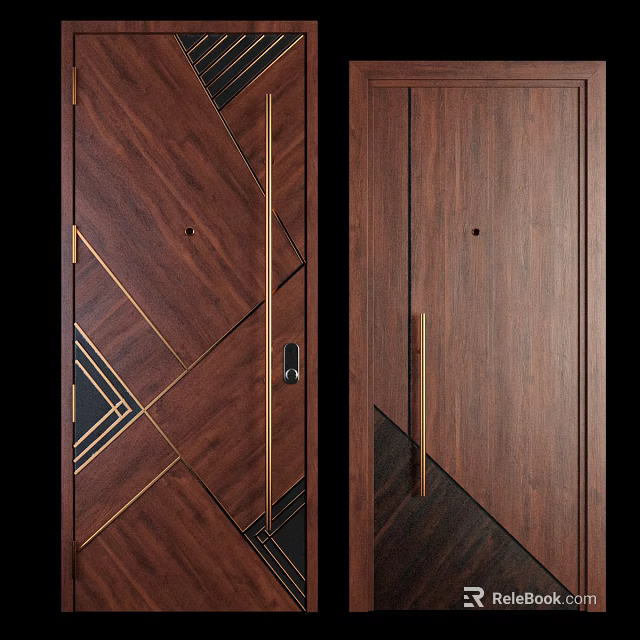 Walnut Wooden Swing Door With Modern Geometric Patterns And Golden Accents 3d model 