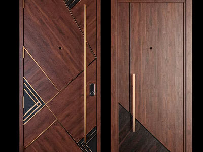 Walnut Wooden Swing Door With Modern Geometric Patterns And Golden Accents 3d model