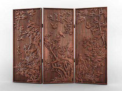 Traditional Wooden Three Panel Screen With Carved Floral And Bird Patterns 3d model