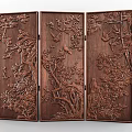 Traditional Wooden Three Panel Screen With Carved Floral And Bird Patterns