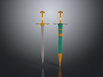 Two Ornate Swords with Silver Blades Green Accents and Golden Decorative Handles 3d model